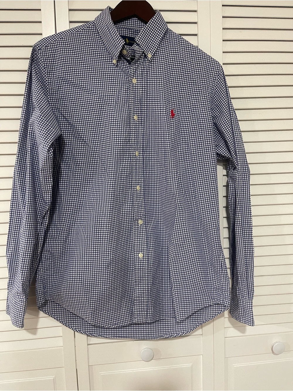 Ralph Lauren Navy and White Gingham Button-Down Shirt with Red Pony